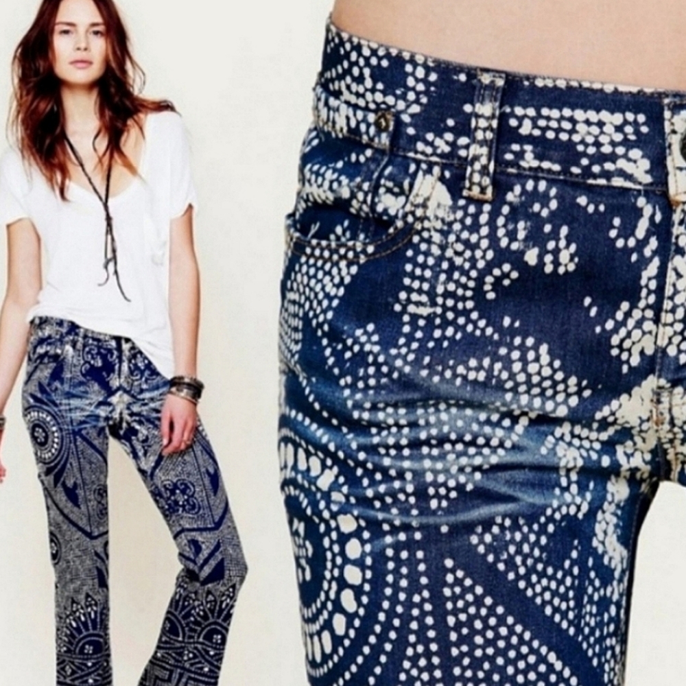 Free People Blue Patterned Flare Jeans